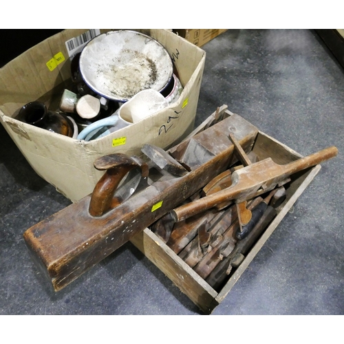 291 - Two boxes of vintage hand tools and wood planes and ceramic jugs, plates, vases etc