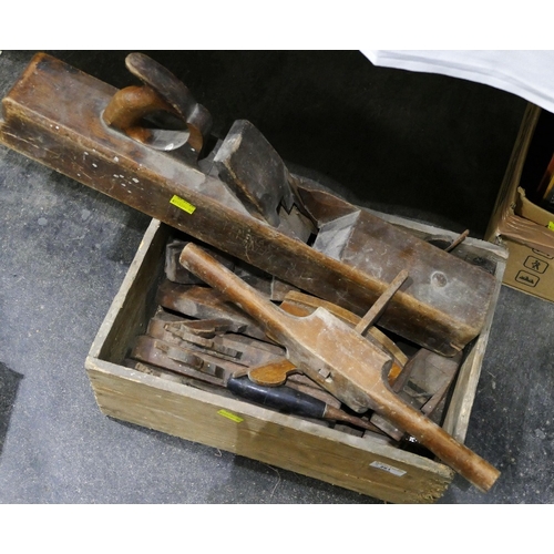 291 - Two boxes of vintage hand tools and wood planes and ceramic jugs, plates, vases etc