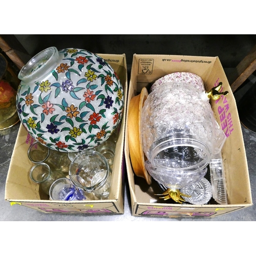 295 - Two boxes of glassware, light shades, punch barrel etc