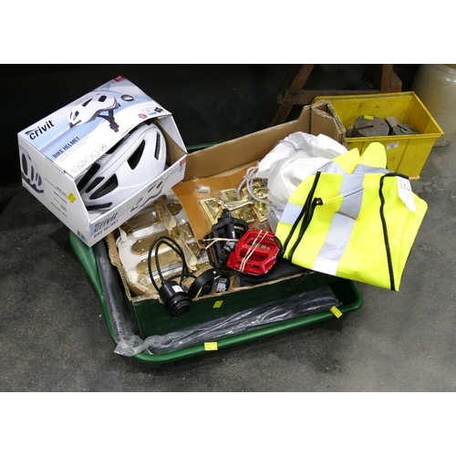 307 - Plastic tray, damp proof membrane, cycle helmet and box of door fittings and other accessories