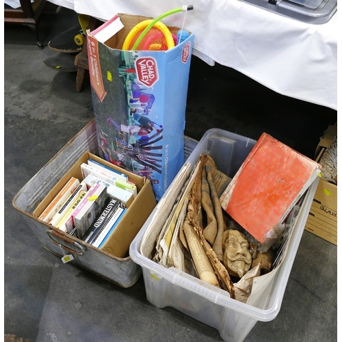 313 - Metal tub and a box containing vintage newspapers, books, children's game, pottery, face mask etc