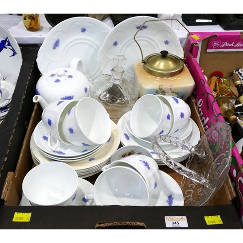 345 - Adderley blue and white porcelain part tea set, floral biscuit barrel, glass Coronation items etc