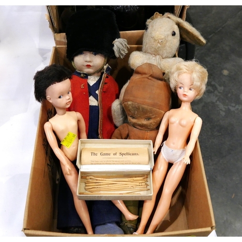 351 - Box of vintage toys - fashion dolls, soldier stuffed doll