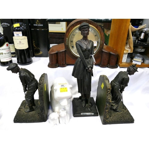 357 - Pair of golfing book ends, Juliana collection figure and three marble Polar Bears