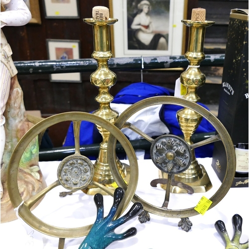 365 - Pair of brass candlesticks and a pair of circular brass frames or stands