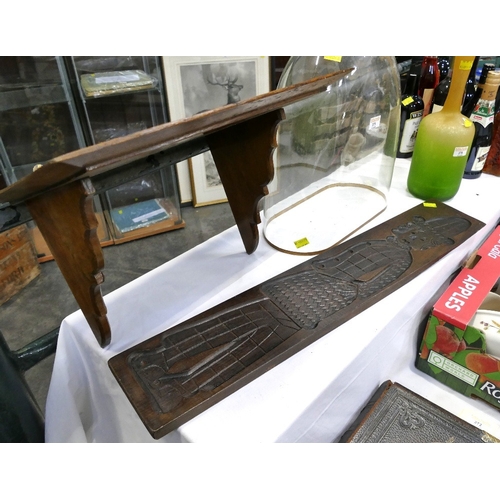 374 - Vintage oak bracket shelf and a carved plaque featuring a cartoon figure