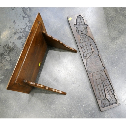 374 - Vintage oak bracket shelf and a carved plaque featuring a cartoon figure