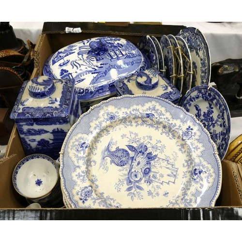 383 - Quantity of Antique blue and white china, including plates, tureens, lidded jars etc