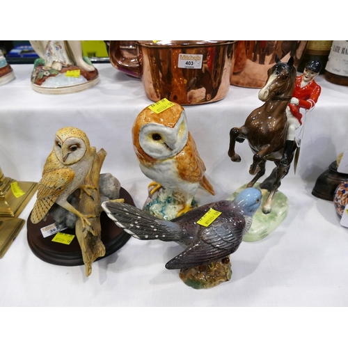 393 - Beswick owl and Beswick pigeon, rearing horse figure, model 868 and a Border Fine Arts owl on branch