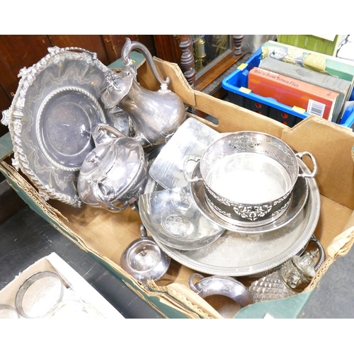 69 - Box of plated ware, trays, tea and coffee pots etc