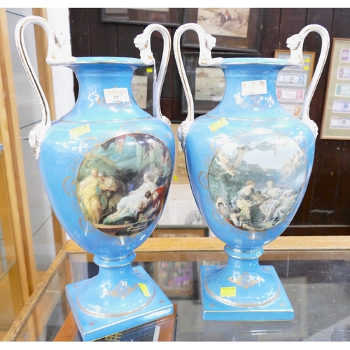 71 - Pair of Sevres style two handled vases decorated with classical scenes, height 46 cm