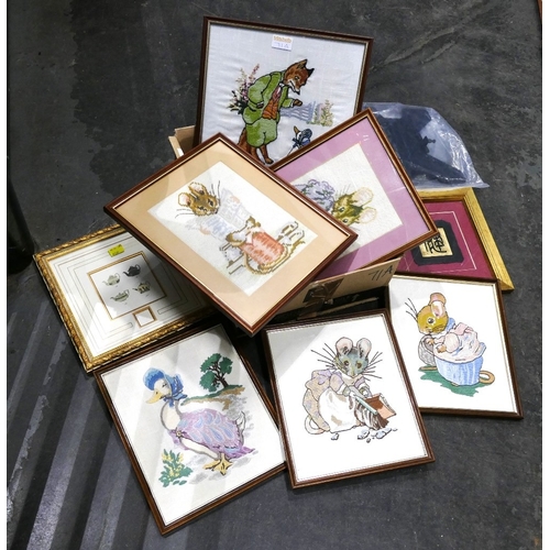 71A - Box of pictures, Beatrix Potter embroidered picture etc