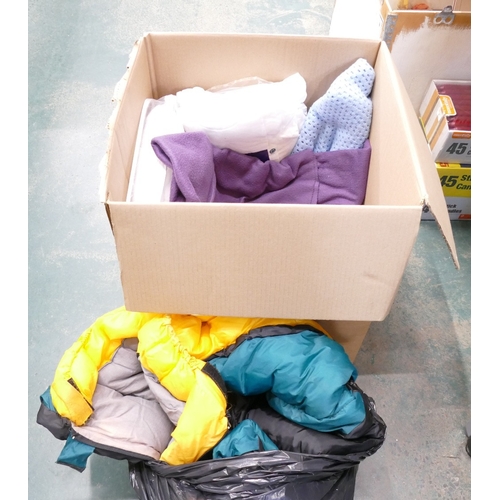 80 - Box of bedding and fabric, sleeping bag