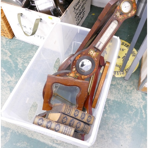 83 - Box of barometer parts, wooden framed mirror, books etc