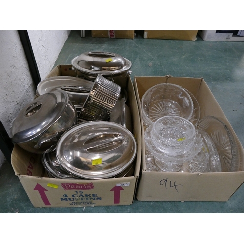 94 - Two boxes of glassware and silver coloured porcelain cooking dishes