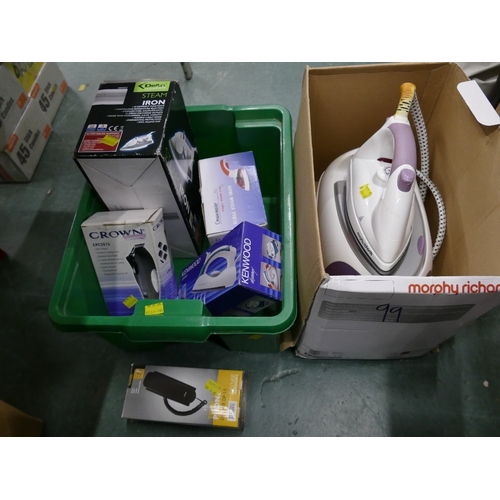 99 - Morphy Richards steam iron and a quantity of other boxed irons and clippers