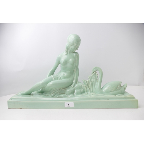 1 - Ceramic Art Deco nude with swan, length 56 cm, height 32 cm