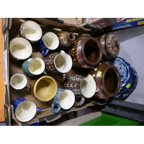 111 - Box of studio pottery and slip ware ceramics including jugs, planters, bowls, plates etc