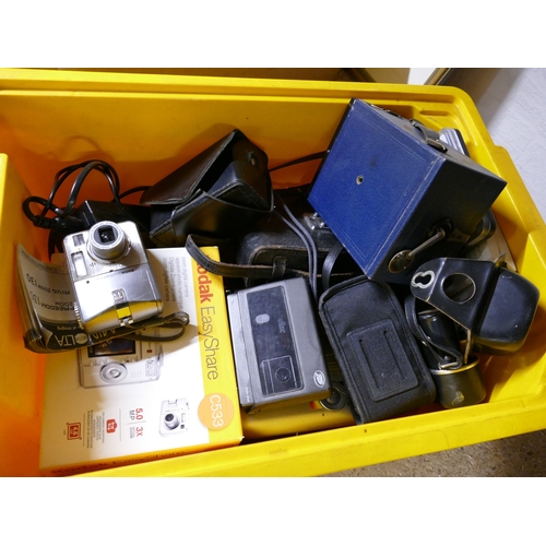 119 - Box of vintage cameras, Box Brownie, Helina, Kodak digital etc