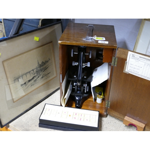 124 - Boxed Service II microscope by Watson & Sons Limited with slides and picture of Perth Bridge