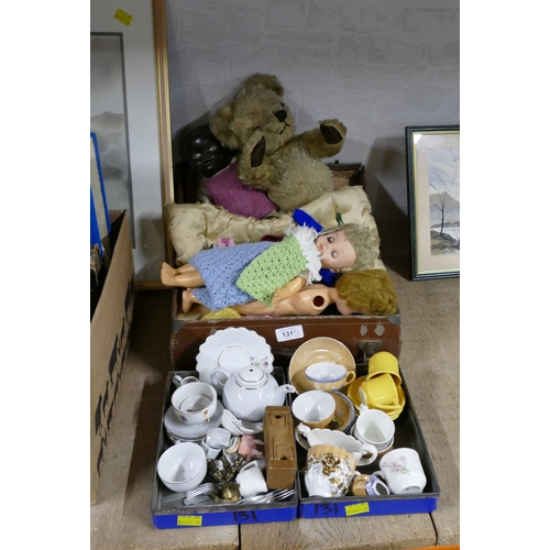 131 - Small suitcase of vintage dolls and bears clothes and two boxes of dolls tea sets etc