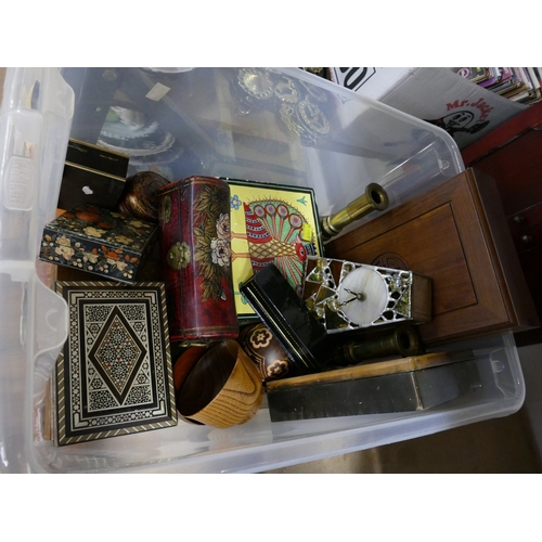 153 - Box of decorative wooden and ornamental trinket boxes, pair of  brass candlesticks etc