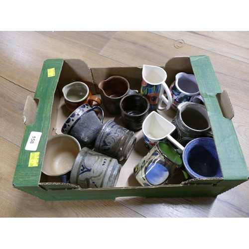 158 - Box of Studio Pottery and colourful ceramic jugs and mugs