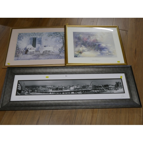 164 - Large framed photograph of Newcastle, 123 cm x 42 cm, and two pastel prints