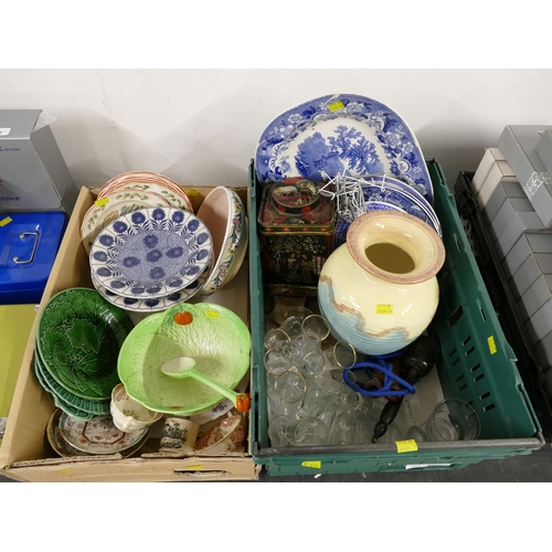 173 - Two boxes of decorative plates, blue and white ashette, glassware, Majolica and Midwinter Cabbage Le... 