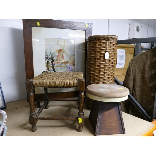 194 - Oak firescreen with windmill tapestry insert, wicker stick stand, wicker top stool, pottery wheel