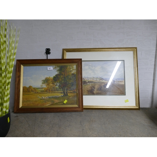 197 - Oil painting of sheep in pasture signed George McVay and watercolour by same artist of harvest time