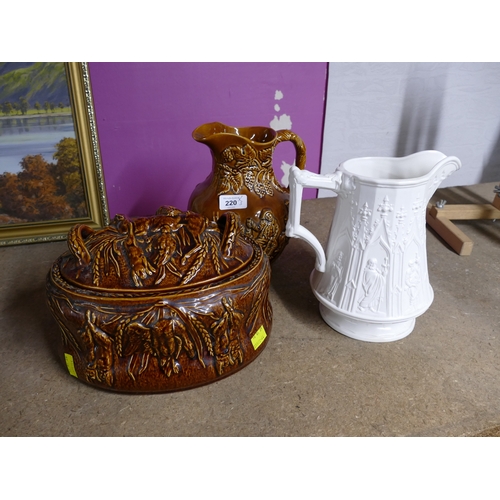 220 - Treacle glazed Portmeirion lidded game dish, Arthur Wood malt beer jug and white religious scene jug