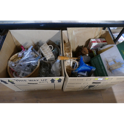 229 - Two large boxes of household items, glassware, kitchenware, CD's, artists equipment etc