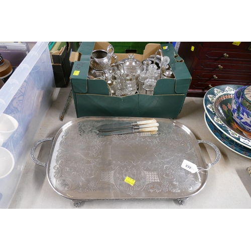 232 - Plated tray and box of plated part tea sets, condiment sets cutlery etc