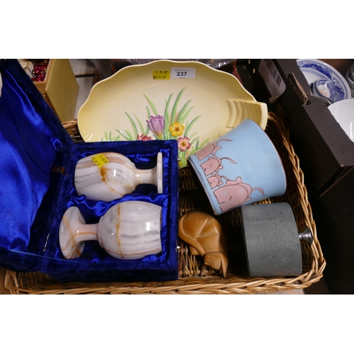 237 - Wicker basket containing Carleton Ware platter, Wightwick Pottery elephant vase, boxed marble goblet... 