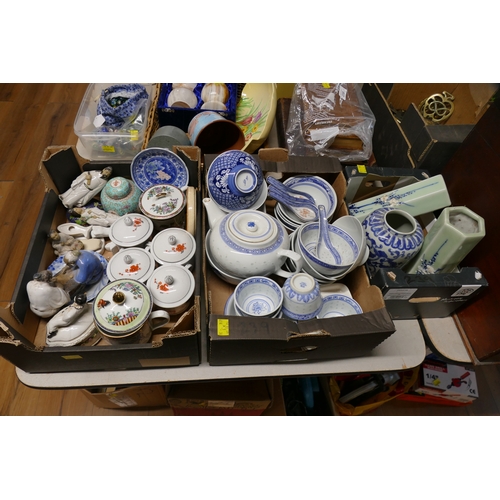 239 - Three boxes of Oriental ceramics, blue and white tea set with tea bowls, mud men ornaments, ceramic ... 