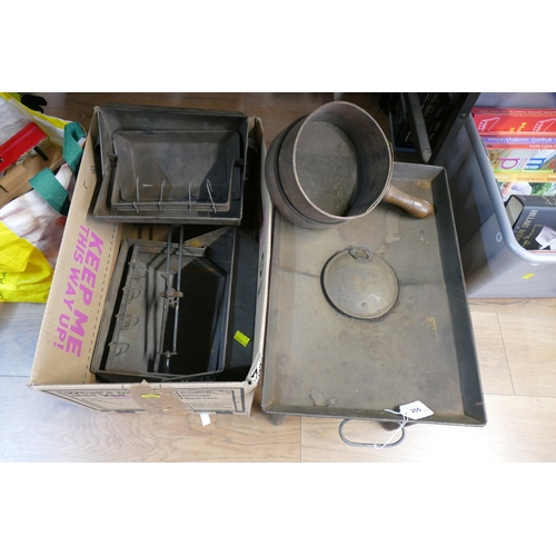 255 - Two boxes of vintage outdoor cookware and gardening equipment