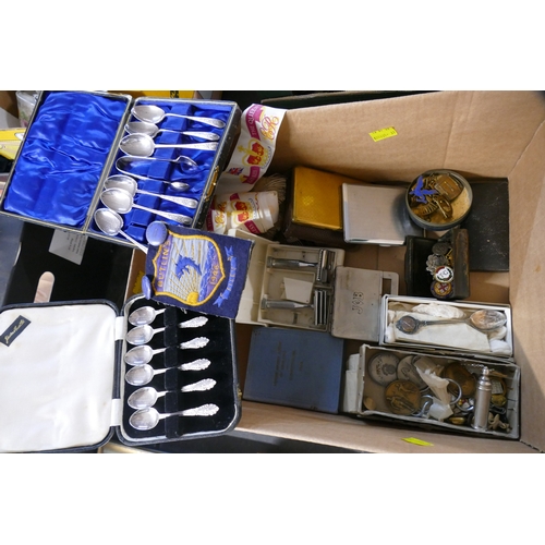 257 - Box of cutlery, Bowling Association pin badges, military cap badges, trophies and tokens, cigarette ... 