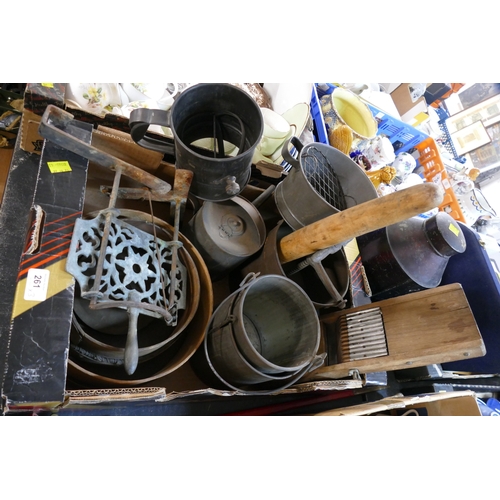 261 - Two boxes of vintage metal buckets, tins, grinders, sieves, choppers, canisters etc