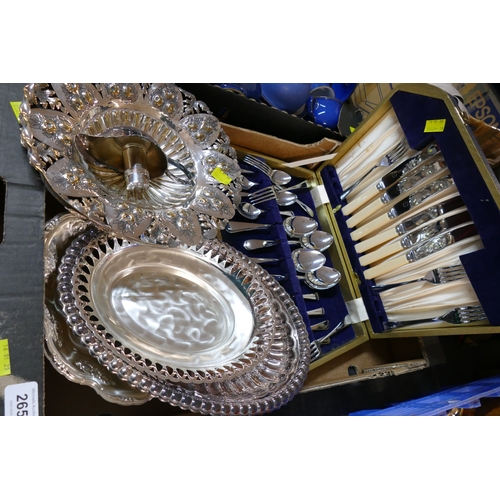 265 - Box of plated trays and cutlery set