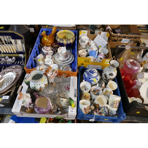 266 - Four boxes of ceramics, including part tea set, moustache cups and saucers, figurines, commemorative... 