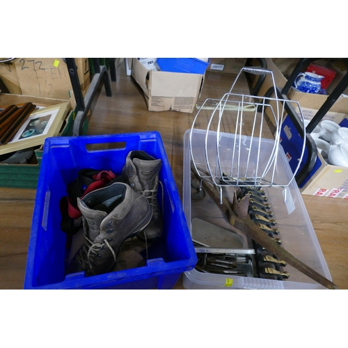 273 - Three boxes of walking shoes, climbing harness, magazine rack, tap and dye sets etc