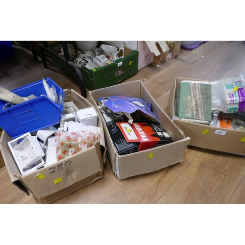 280 - Three boxes of tool parts, electrical equipment parts etc