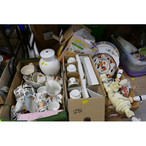 281 - Four boxes of ceramics, part tea sets, alabaster lamp bases, Johnson Bros. fruit patterned tea set e... 