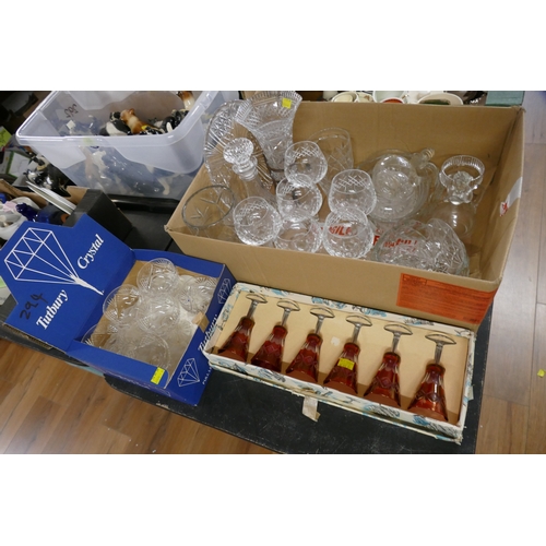 294 - Three boxes of glassware, including wine glasses, vases, red cut glass sherry glasses etc