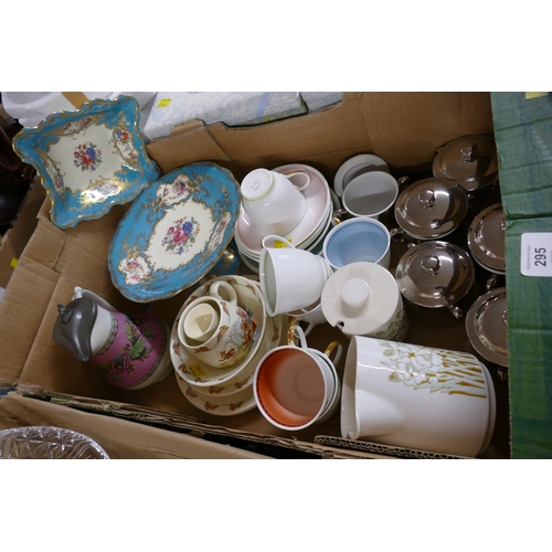 295 - Box of Royal Worcester fireproof silver coloured lidded dishes, Susie Cooper pastel coloured cups an... 