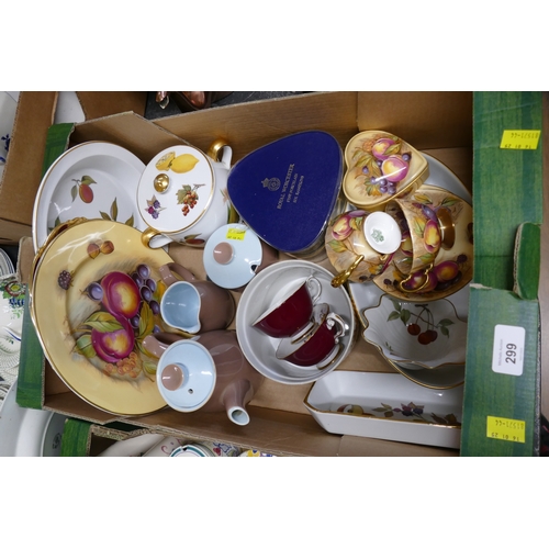 299 - Box of Aynsley fruit patterned cups, saucers, trinket dishes, plates and Royal Worcester Evesham pat... 