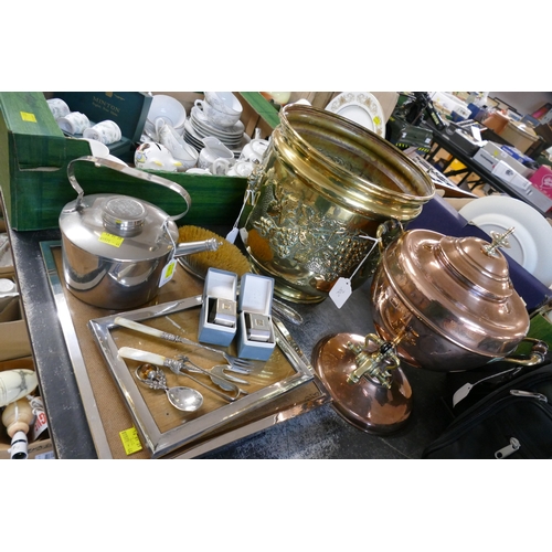 302 - Copper and brass samovar, brass log basket, pressure kettle, picture frames, vacuum rings etc