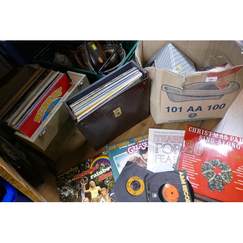 309 - Three boxes and cases of vinyl LP's and singles, Carpenters, Osmonds, Moody Blues etc