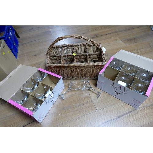 314 - Two boxes of Lav Misket gin or cocktail glasses and wicker wine hamper